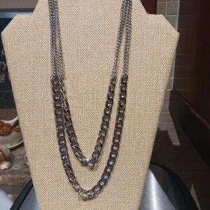 19" Two Stand Double Chain Silvertone Layered Statement Necklace.